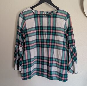 J. Crew Mercantile Flannel Bell Sleeve Top Plaid Blouse Cotton Green Blue Size 8